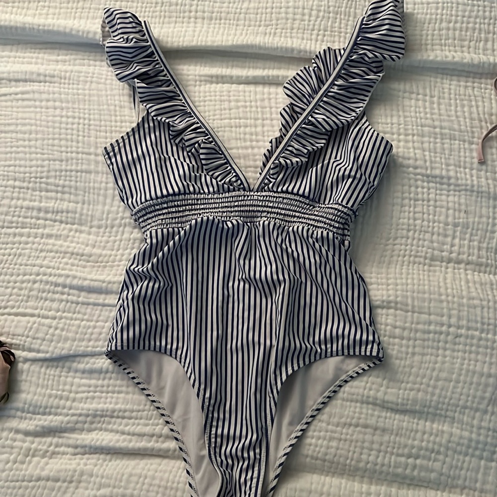 Blue and white striped ruffle one piece